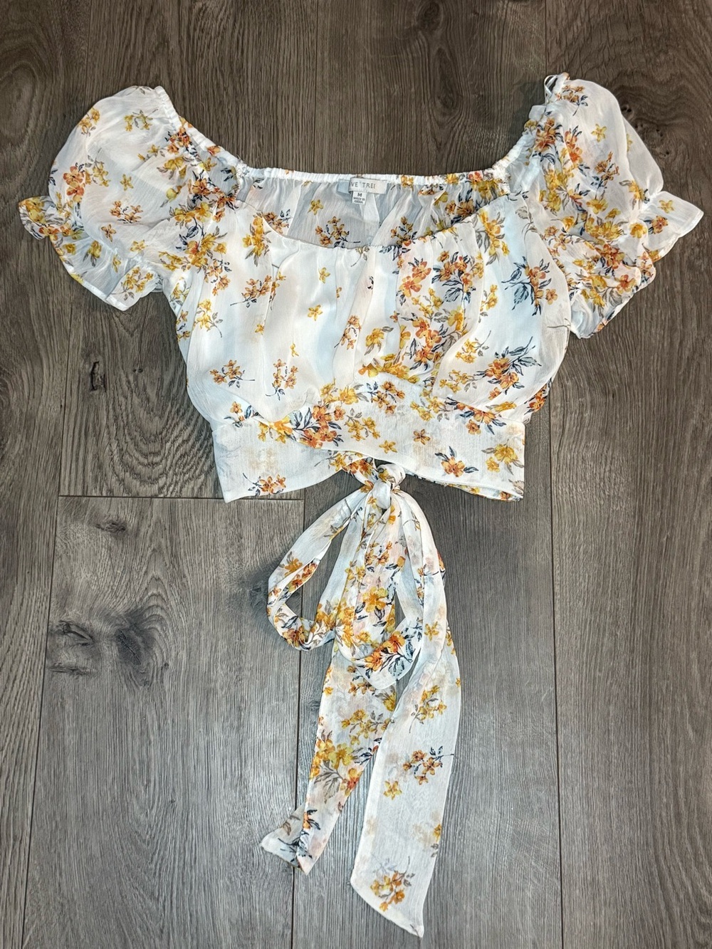 Love Tree White Floral Tie-Front Crop Top with Yellow Accents